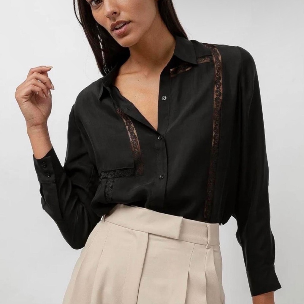 Rails Mona Button Up Long Sleeve Lace Inset Trim Black